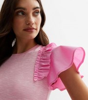 New Look Bright Pink Fine Knit Poplin Frill Sleeve Top